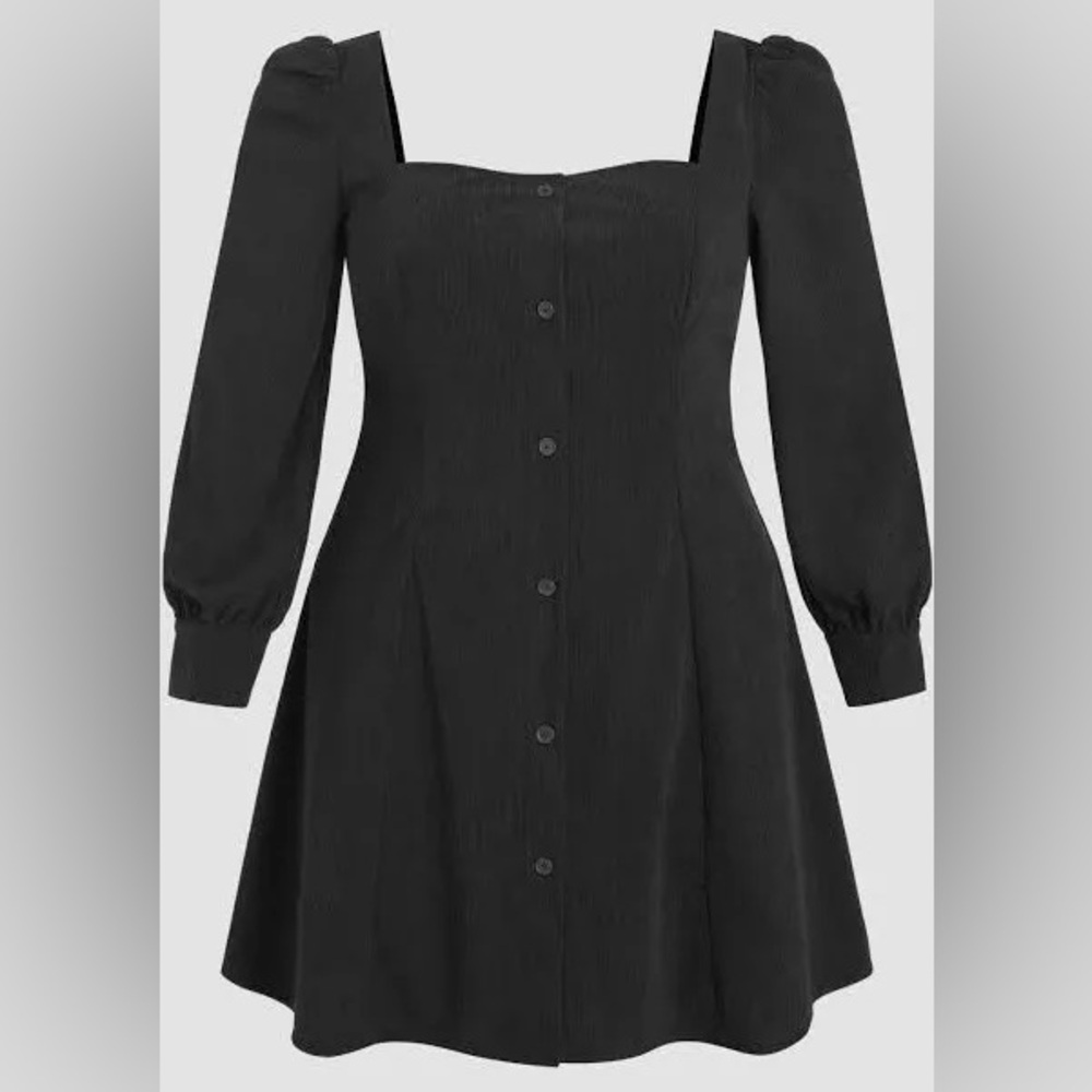 Cider Black Square-Neck Mini Dress with Button Front